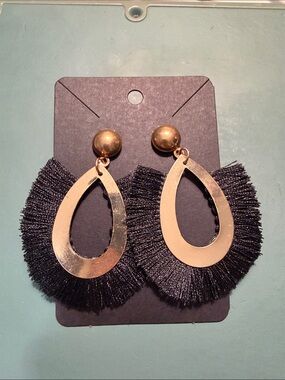 Gold Teardrop Fringe Drop Earrings - Black Fringe